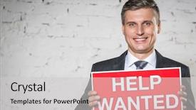 Presentation with white brick wall - Presentation having smiling businessman holding help wanted background and a light gray colored foreground