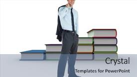  Presentation with steps - Colorful slide set enhanced with smiling businessman holding his jacket against steps made from books backdrop and a ocean colored foreground
