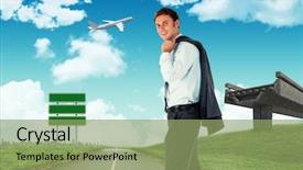  Presentation with horizon - PPT theme with smiling businessman holding his jacket against road leading out to the horizon background and a seafoam green colored foreground