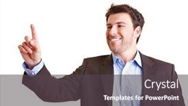  Presentation with finger - Presentation design consisting of smiling-businessman-holds-his-outstretched background and a dark gray colored foreground