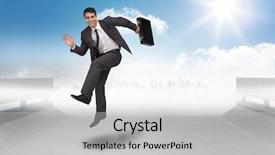  Presentation with horizon - Cool new PPT theme with smiling businessman in a hurry against cityscape on the horizon backdrop and a light gray colored foreground