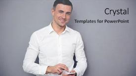  Presentation with formal - Audience pleasing slides consisting of smiling businessman in formal wear backdrop and a light gray colored foreground