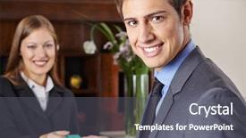  Presentation with hotel key - Colorful slides enhanced with smiling businessman in hotel getting backdrop and a gray colored foreground
