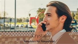  Presentation with cell - Slides with smiling-businessman-in-the-city background and a coral colored foreground