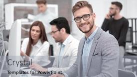  Presentation with workplace - PPT theme with smiling-businessman-in-the-workplace background and a light gray colored foreground