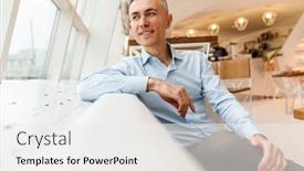  Presentation with wireless - Slide set featuring smiling-businessman-in-wireless-earphones background and a white colored foreground