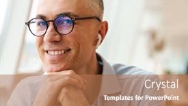  Presentation with wireless - Presentation design consisting of smiling-businessman-in-wireless-earphones background and a coral colored foreground