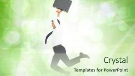  Presentation with lighting design awards - Slide set featuring smiling businessman leaping while briefcase against green abstract light spot design background and a soft green colored foreground