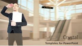 Presentation with airport terminal - Slide set featuring smiling businessman looking and holding laptop against airport terminal background and a coral colored foreground