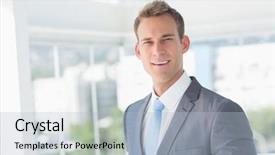  Presentation with camera - Cool new theme with smiling businessman looking at camera backdrop and a light blue colored foreground