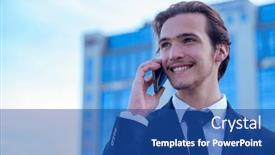  Presentation with tall building - PPT theme featuring smiling-businessman-near-a-business background and a ocean colored foreground