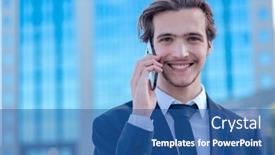  Presentation with tall building - Presentation design having smiling-businessman-near-a-business background and a ocean colored foreground