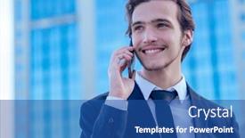  Presentation with tall building - Presentation theme consisting of smiling-businessman-near-a-business background and a ocean colored foreground
