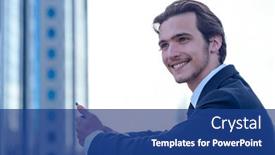  Presentation with tall building - Slide deck having smiling-businessman-near-a-business background and a ocean colored foreground