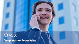  Presentation with tall building - Slides enhanced with smiling-businessman-near-a-business background and a ocean colored foreground