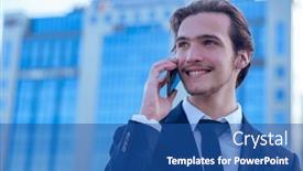  Presentation with tall building - Presentation with smiling-businessman-near-a-business background and a ocean colored foreground