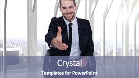  Presentation with office chair - Amazing slide deck having smiling businessman on an chair office offering handshake against room with large window looking on city backdrop and a ocean colored foreground