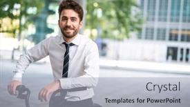  Presentation with front office - PPT theme consisting of smiling-businessman-parking-his-bicycle background and a light gray colored foreground