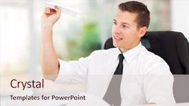  Presentation with small airplane - Audience pleasing theme consisting of smiling businessman playing with paper backdrop and a lemonade colored foreground