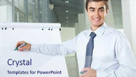  Presentation with project - PPT layouts featuring smiling businessman presenting new project background and a sky blue colored foreground