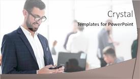  Presentation with smartphone - Audience pleasing slide set consisting of smiling-businessman-reading-correspondence backdrop and a white colored foreground