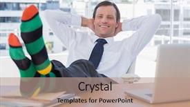  Presentation with over come challanges - PPT theme enhanced with smiling businessman relaxing with feet over a pile of documents on his desk background and a coral colored foreground