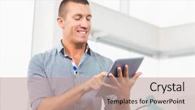  Presentation with scrolling - Slide deck enhanced with smiling businessman scrolling on his tablet in the office background and a coral colored foreground