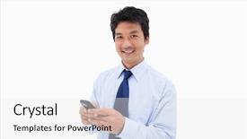  Presentation with text message - Slide set consisting of smiling businessman sending a text message against a white background background and a white colored foreground