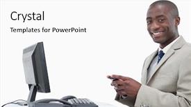  Presentation with text message - Audience pleasing PPT theme consisting of smiling businessman sending a text message against a white background backdrop and a white colored foreground