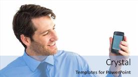  Presentation with smartphone - Colorful slides enhanced with smiling businessman showing smartphone to camera on white background backdrop and a light blue colored foreground