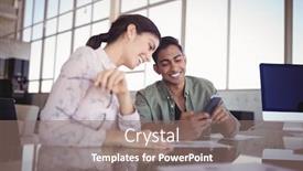  Presentation with female - Colorful presentation theme enhanced with smiling-businessman-sitting-with-female backdrop and a gray colored foreground