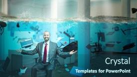  Presentation with vision - Colorful presentation theme enhanced with smiling businessman sitting in an office completely flooded with objects floating in the water concept of problems at work and positive vision backdrop and a ocean colored foreground