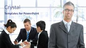  Presentation with front desk - PPT layouts consisting of smiling businessman standing in front businesspeople talking at desk in the background background and a sky blue colored foreground