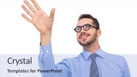  Presentation with spread - PPT layouts with smiling businessman standing with fingers spread out on white background background and a light blue colored foreground