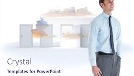  Presentation with landscape desert - Slide deck with smiling businessman standing with hand in pocket against colorful arrows in a desert landscape background and a sky blue colored foreground