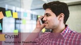  Presentation with sticky notes - Audience pleasing theme consisting of smiling businessman talking on phone while looking at sticky notes attached in creative office backdrop and a violet colored foreground