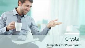  Presentation with laptop - PPT theme featuring smiling businessman talking to somebody background and a sky blue colored foreground