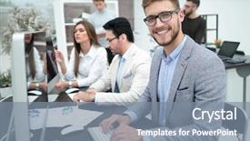  Presentation with computer - Colorful presentation theme enhanced with smiling businessman uses a computer backdrop and a seafoam green colored foreground