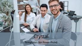  Presentation with computer - Slide set having smiling businessman uses a computer background and a  colored foreground