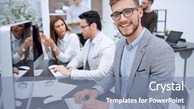  Presentation with computer - Theme featuring smiling businessman uses a computer background and a  colored foreground