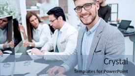  Presentation with computer - Audience pleasing PPT theme consisting of smiling businessman uses a computer backdrop and a light blue colored foreground