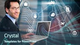  Presentation with shiny - Presentation design consisting of smiling businessman using a laptop against shiny cityscape on black background background and a ocean colored foreground