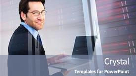  Presentation with towers - Slide deck with smiling businessman using a laptop against composite image of server towers background and a seafoam green colored foreground