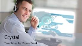  Presentation with interface - Amazing presentation theme having smiling businessman using futuristic interface backdrop and a light gray colored foreground