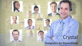  Presentation with light green - Presentation design enhanced with smiling businessman using headset against light green background background and a light blue colored foreground