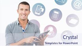  Presentation with computer - Audience pleasing presentation design consisting of smiling businessman using tablet computer over white background against telephone apps icons backdrop and a sky blue colored foreground
