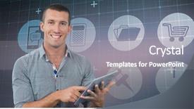 Presentation with matrix - PPT layouts with smiling businessman using tablet computer over white background against blue matrix background and a gray colored foreground