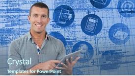  Presentation with matrix - Cool new theme with smiling businessman using tablet computer over white background against blue matrix and codes backdrop and a ocean colored foreground