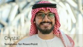  Presentation with eyeglasses - Beautiful slide deck featuring smiling-businessman-wearing-a-red backdrop and a coral colored foreground