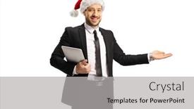  Presentation with white christmas - PPT theme consisting of smiling-businessman-with-a-christmas background and a light gray colored foreground
